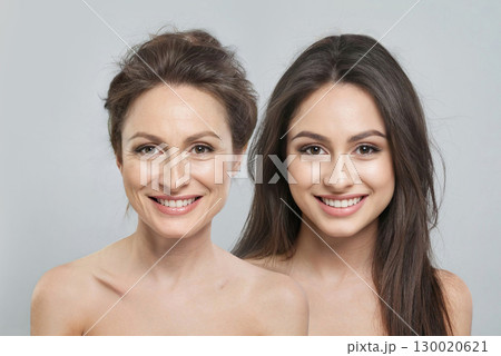 Fashion portrait of young model woman and mature woman. Two female faces collage set. Old and young  130020621
