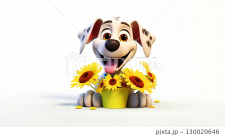 Happy dog cartoon character joyfully playing with bright yellow sunflowers on white background 130020646