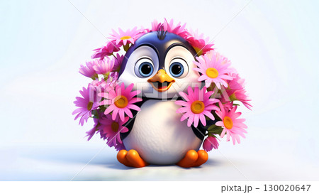 Cute happy penguin cartoon character joyfully nestled among vibrant pink flowers on white background 130020647