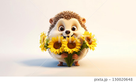 Cheerful happy smiling hedgehog cartoon character holds a bouquet of sunflowers on white background 130020648