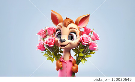 Cheerful happy deer cartoon character presenting pink roses on a light blue background 130020649