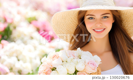 Young caucasian female woman smiling in sun hat holding roses in a vibrant flower garden 130020676
