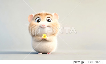Adorable hamster cartoon character holding yellow flower on light background 130020735