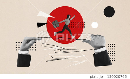 Group holds giant glowing light bulb in surreal teamwork collage with red and black elements 130020766