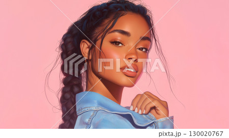 Hispanic female young girl portrait with braided hair against pink background 130020767