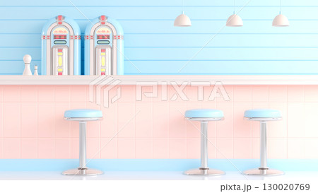 Vintage diner pastel themed interior with jukebox and bar stools 130020769