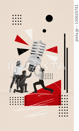 Creative collage. Group of people hold up oversized light bulb as symbol of teamwork and innovation Creative collage. Group of people hold up oversized light bulb as symbol of teamwork and innovation 130020781