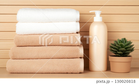 Stacked beige and white towels with lotion dispenser and succulent plant on wooden surface 130020818