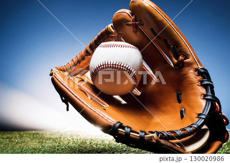 Baseball Glove Cradling a Baseball in a Sunlit Outdoor Field Setting. Generative AI 130020986