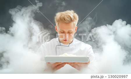 Caucasian male man chef in white uniform preparing dish amidst smoke 130020997