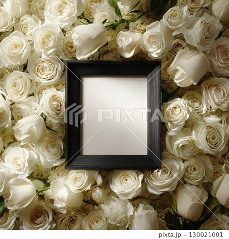 Black funeral frame with white roses in a solemn hyper-real tribute arrangement 130021001