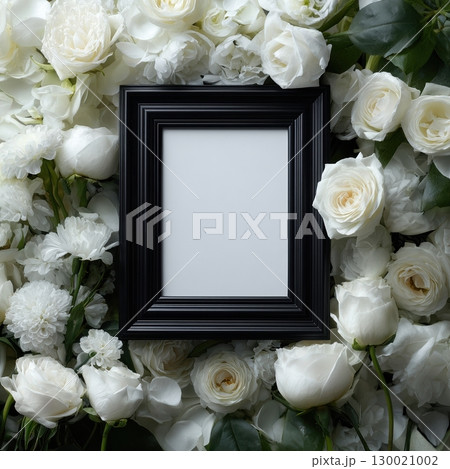 Black funeral frame with white roses in a solemn hyper-real tribute arrangement 130021002