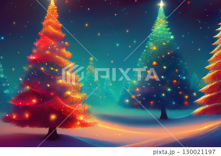 Colorful Christmas Trees Illuminated in a Snowy Forest at Night During the Holiday Season 130021197