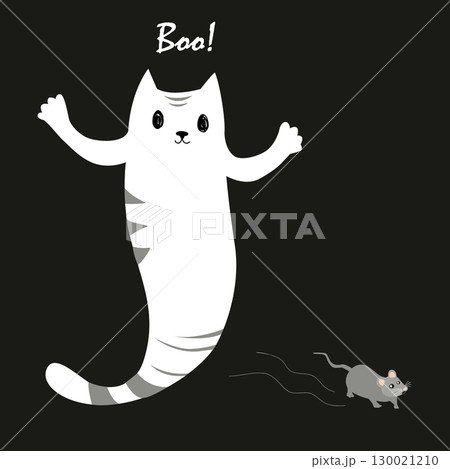 Cartoon kawaii Halloween ghost cat character hunting a mouse. Funny kitten ghost and mice isolated vector illustration. Cartoon kawaii Halloween ghost cat character hunting a mouse. Funny kitten ghost and mice isolated vector illustration. 130021210