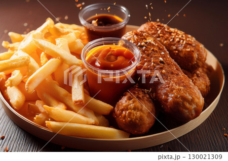 Delightful Spread of Fried Food With Dipping Sauces and Crispy Fries on a Wooden Platter 130021309