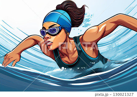 A Female Cartoon Character Swimming Vigorously in a Vibrant Water Setting During Daytime 130021327