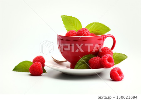Red cup filled with raspberries and fresh green leaves on white saucer 130021694