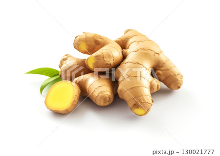 Fresh ginger root with leaves on white background Fresh ginger root with leaves on white background 130021777
