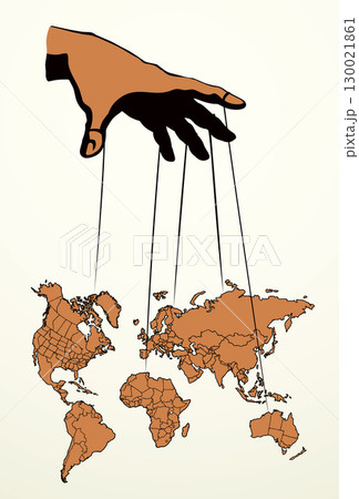 Man hand with a World map. Continents with contours of countries. Vector drawing Man hand with a World map. Continents with contours of countries. Vector drawing 130021861