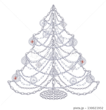 New Year tree with silver chain balls. Isolated watercolor illustration for printing design for Christmas sales, jewelry stores, postcard printing. 130021932