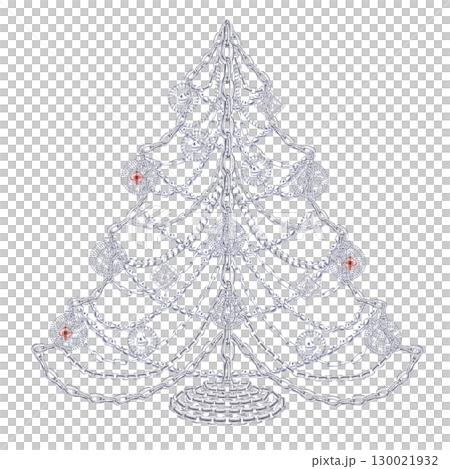 New Year tree with silver chain balls. Isolated watercolor illustration for printing design for Christmas sales, jewelry stores, postcard printing. 130021932