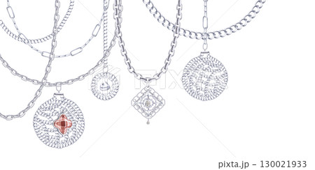 New Year tree decorations made of silver chains and graceful curved chains. Isolated watercolor illustration for design of printing for Christmas sales, jewelry stores, postcard printing. 130021933