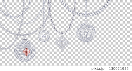 New Year tree decorations made of silver chains and graceful curved chains. Isolated watercolor illustration for design of printing for Christmas sales, jewelry stores, postcard printing. 130021933