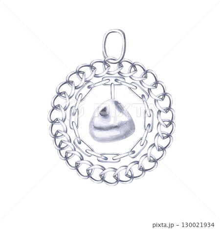 Round Christmas tree toy made of silver chains and baroque pearls. Isolated watercolor illustration for printing design for Christmas sales, jewelry stores, postcard printing. 130021934