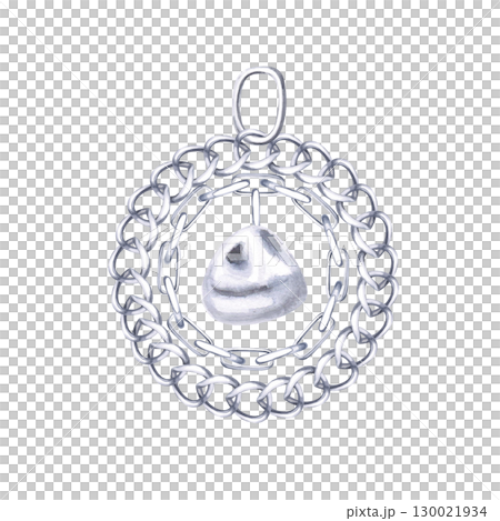 Round Christmas tree toy made of silver chains and baroque pearls. Isolated watercolor illustration for printing design for Christmas sales, jewelry stores, postcard printing. 130021934