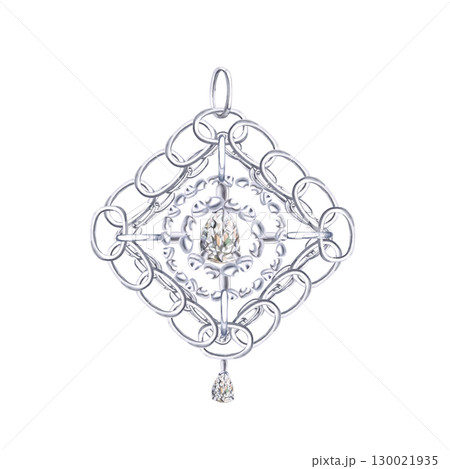Square Christmas tree toy made of silver chains and precious stone. Isolated watercolor illustration for printing design for Christmas sales, jewelry stores, postcard printing. 130021935