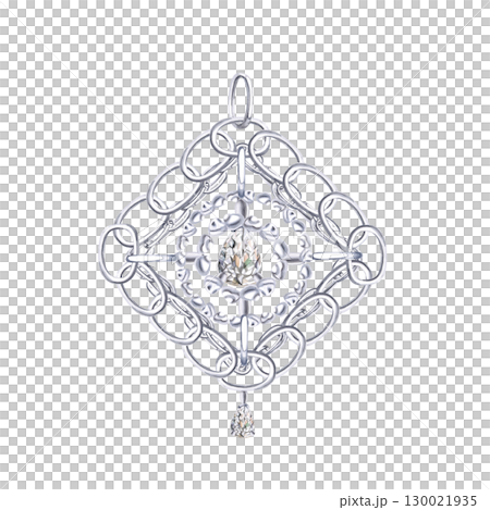 Square Christmas tree toy made of silver chains and precious stone. Isolated watercolor illustration for printing design for Christmas sales, jewelry stores, postcard printing. 130021935