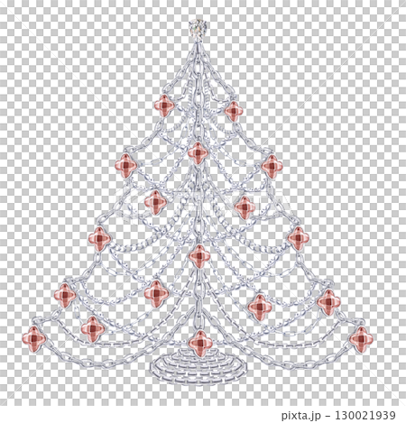 New Year tree made of different silver chains and pendants with sultanite. Isolated watercolor illustration for printing design for Christmas sales, jewelry stores, postcard printing, interior design. New Year tree made of different silver chains and pendants with sultanite. Isolated watercolor illustration for printing design for Christmas sales, jewelry stores, postcard printing, interior design. 130021939