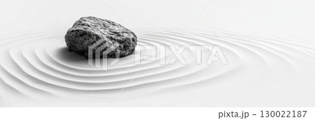 Calm zen garden stone surrounded by circular sand waves design 130022187