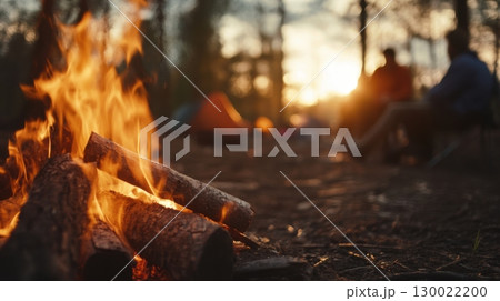 Glowing campfire in forest campsite with tents and sunset view 130022200