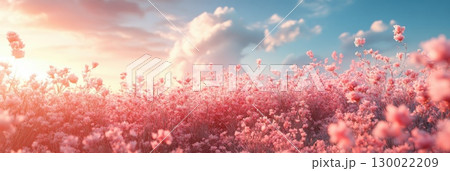 Vast pink flower field with mountains and glowing sunset in the background 130022209