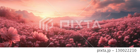 Blooming meadow of pink blossoms under dramatic sky and sunlight 130022210