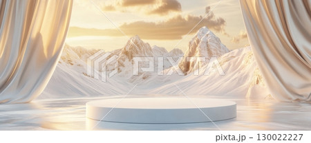 Minimal podium with golden light curtains and snowy mountain landscape at sunrise 130022227