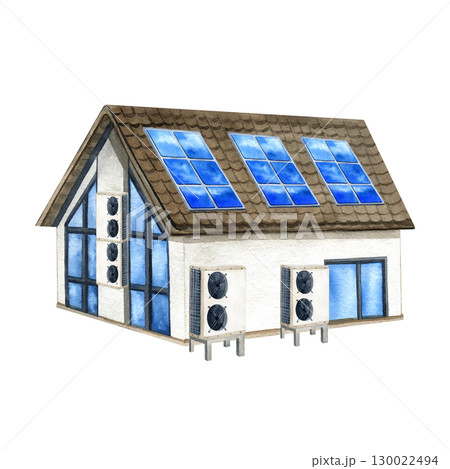 Country House Renewable Energy Sources. Solar battery, Inverter heat pump. PV panel on building watercolor isolated illustration. Alternative generator clean electric energy. Environmental protection Country House Renewable Energy Sources. Solar battery, Inverter heat pump. PV panel on building watercolor isolated illustration. Alternative generator clean electric energy. Environmental protection 130022494