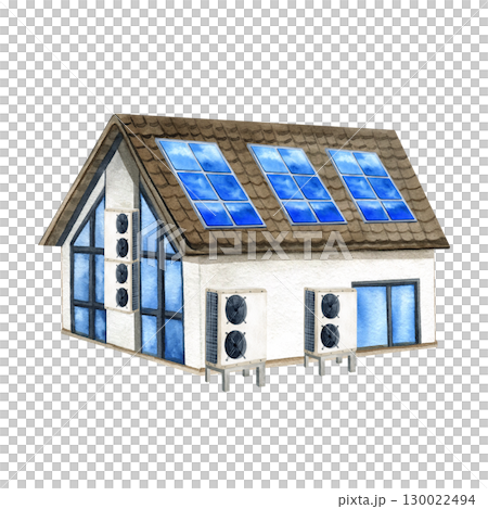 Country House Renewable Energy Sources. Solar battery, Inverter heat pump. PV panel on building watercolor isolated illustration. Alternative generator clean electric energy. Environmental protection 130022494