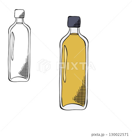 Olive oil green glass bottle Olive oil bottle isolated colored. Vector graphic line ink illustration. For poster, flyer, banner, invitation, social media, party or sale Olive oil green glass bottle Olive oil bottle isolated colored. Vector graphic line ink illustration. For poster, flyer, banner, invitation, social media, party or sale 130022571