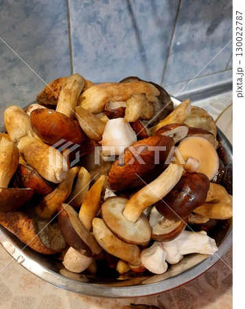 Close Up of Marinated Mushrooms in a Metal Bowl Ready for Cooking Close Up of Marinated Mushrooms in a Metal Bowl Ready for Cooking 130022787