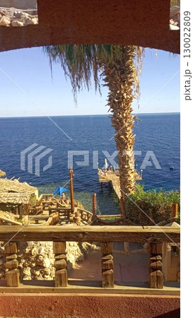 Ocean View from a Balcony with a Palm Tree and Wooden Pier Under a Clear Sky Ocean View from a Balcony with a Palm Tree and Wooden Pier Under a Clear Sky 130022809