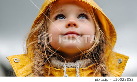 Curious Child in Yellow Raincoat Standing Calmly on Rainy Day Outdoors 130022852
