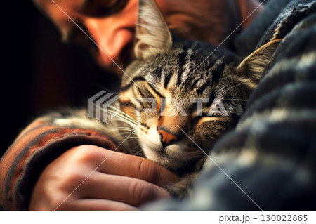 Man adult cuddling sleepy tabby cat in warm embrace. 130022865
