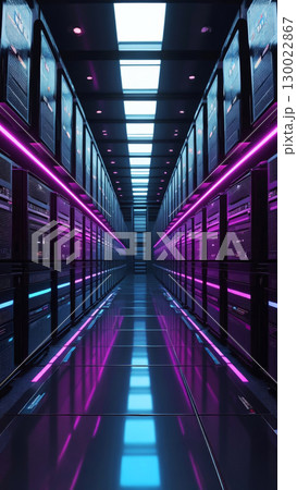 Futuristic data center with neon lights and endless servers 130022867