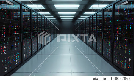 Modern data center with row of network servers in a high-tech facility 130022868