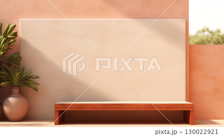 Minimalist outdoor patio with wooden bench and potted plant Minimalist outdoor patio with wooden bench and potted plant 130022921