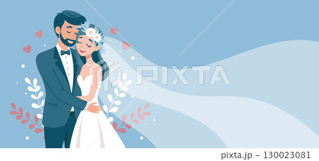 Wedding couple embrace on light blue background. Bride and groom. Banner, invitation. Wedding couple embrace on light blue background. Bride and groom. Banner, invitation. 130023081