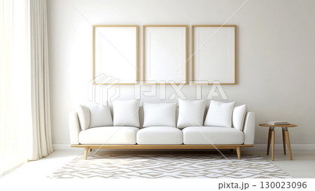 Minimalist living room with white sofa and wooden decor 130023096