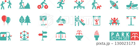 Park and Recreation Activities Icon Set Outdoor Sports, Fitness, Entertainment Vector Illustrations 130023173